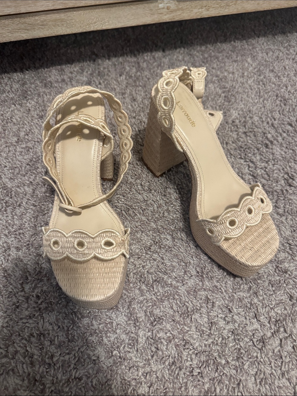 Larroude Beige Scalloped Platform Block Heels